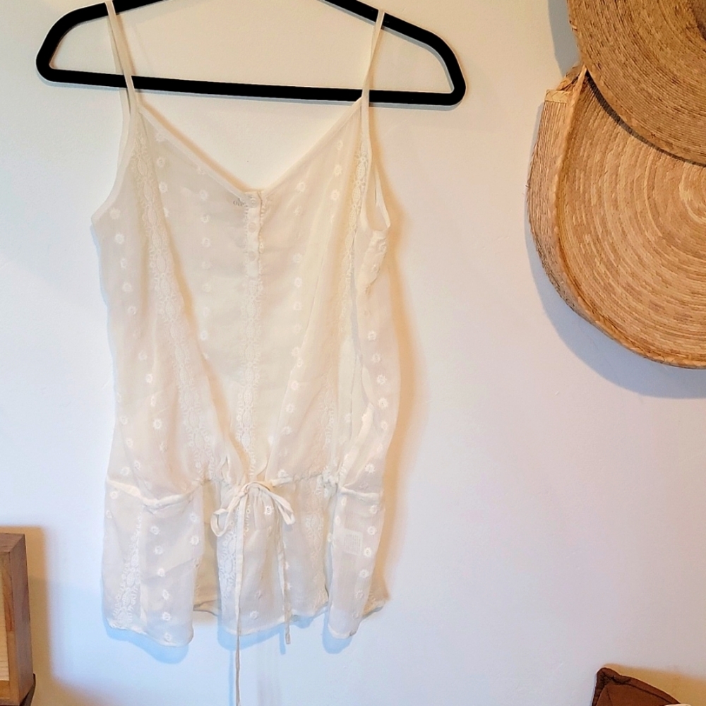 Sheer, lace trim tank top